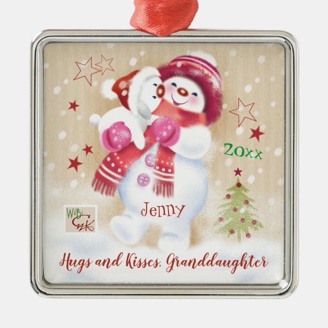 Granddaughter, Snow Child Hugs Puppy, Christmas Metal Ornament (Front)