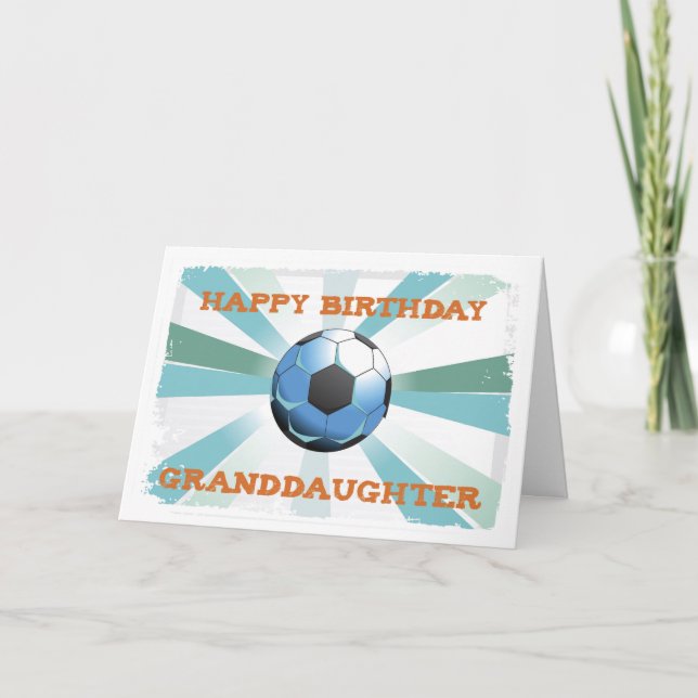 Granddaughter Soccer Birthday with Ball, Orange on Card (Front)