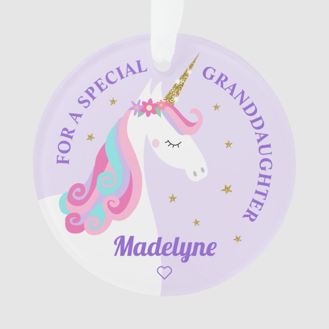 Granddaughter Unicorn Gold Glitter Stars Purple Ornament (Front)