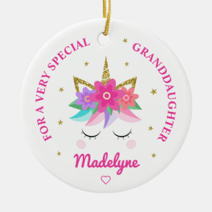 Granddaughter Unicorn Pink Flowers Personalized Ceramic Ornament