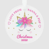Granddaughter Unicorn Pink Flowers Personalized Ornament (Back)