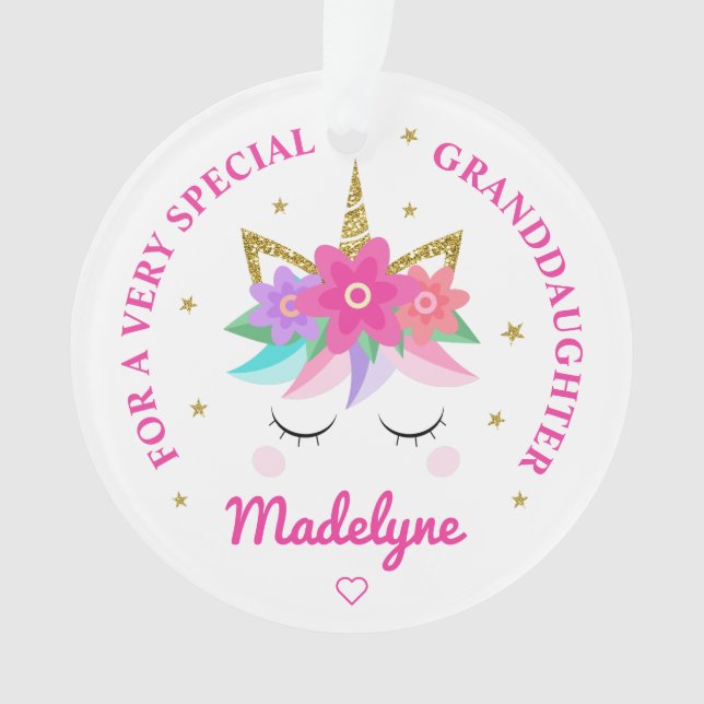Granddaughter Unicorn Pink Flowers Personalized Ornament (Front)