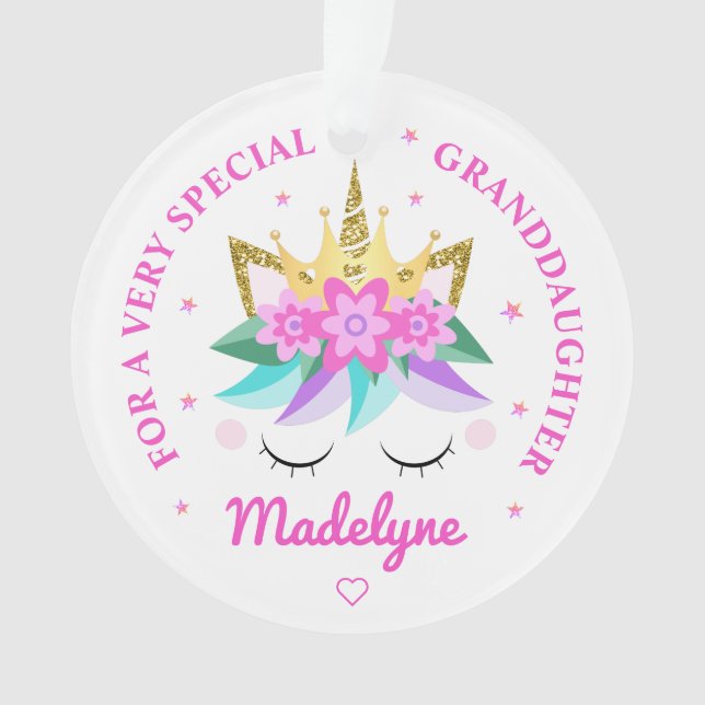 Granddaughter Unicorn Princess Girly Personalized Ornament (Front)