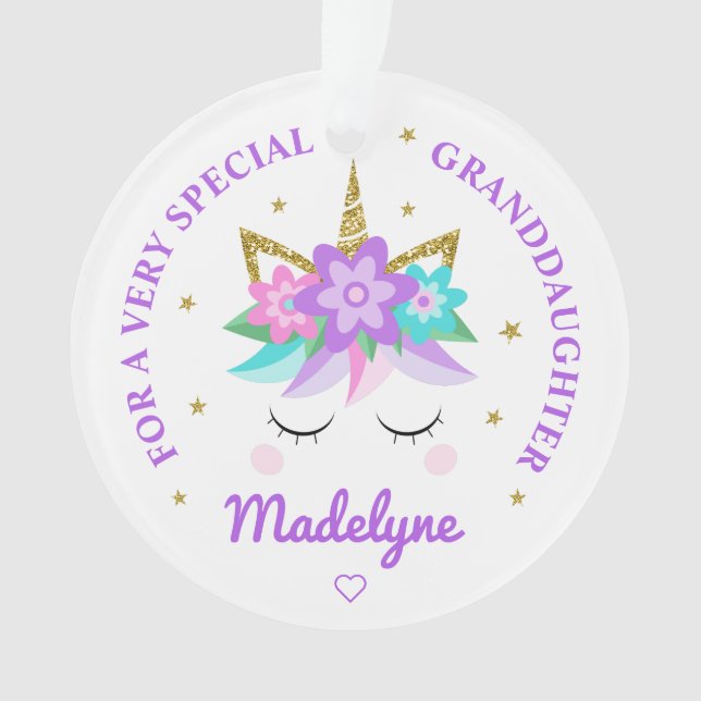 Granddaughter Unicorn Purple Flowers Personalised Ornament (Front)