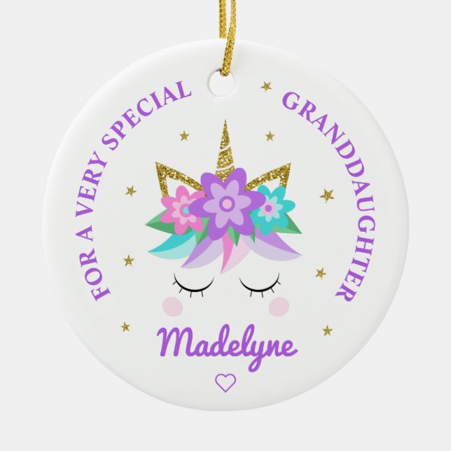 Granddaughter Unicorn Purple Flowers Personalized Ceramic Ornament (Front)