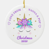 Granddaughter Unicorn Purple Flowers Personalized Ceramic Ornament (Back)