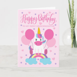 Granddaughter Unicorn Sitting On Rainbow Birthday Card