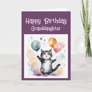 Granddaughter Whimsical Cat Balloons Birthday Fun Holiday Card