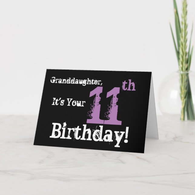Granddaughter's 11th birthday, black, purple. card (Front)