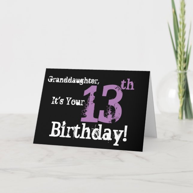 Granddaughter's 13th birthday, black, purple. card (Front)