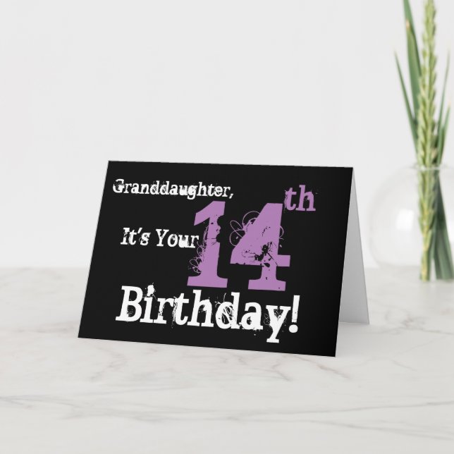 Granddaughter's 14th birthday, black, purple. card (Front)