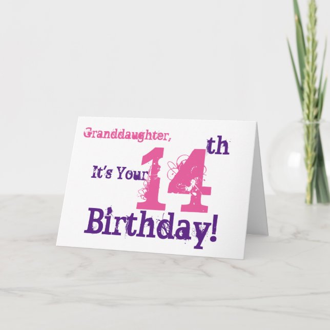 Granddaughter's 14th birthday in purple, pink. card (Front)