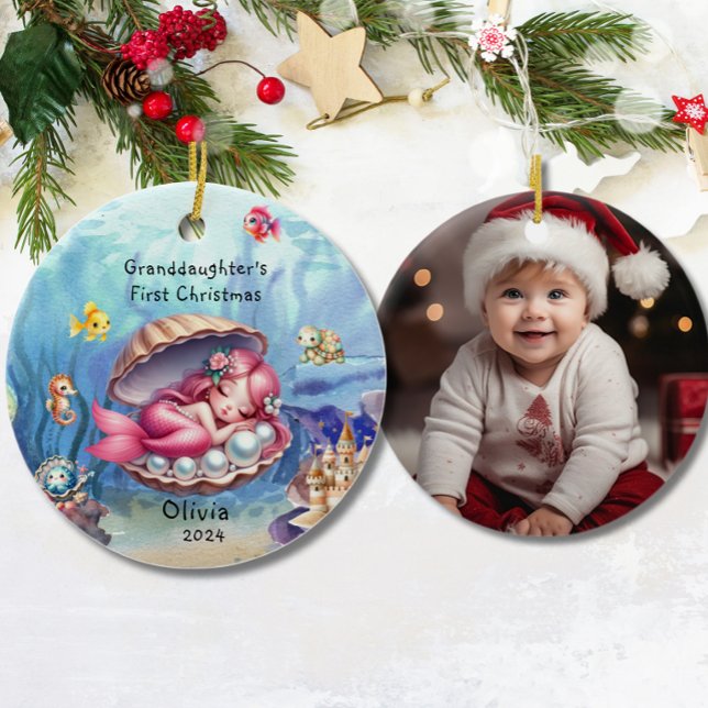 Granddaughter's 1st Cute Mermaid Ocean Ceramic Ornament (Creator Uploaded)