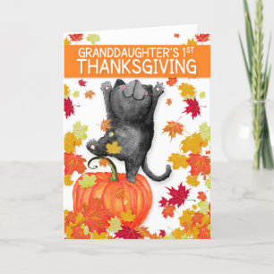 Granddaughter's 1st Thanksgiving Dancing Black Cat Holiday Card