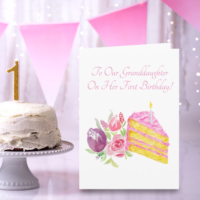 Granddaughter's First Birthday Watercolor Cake Card (Creator Uploaded)