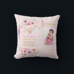 Granddaughters Poem PHOTO Birthday Pink Flowers Cushion<br><div class="desc">Pretty watercolor flowers and feathers adorn this pretty pink and white striped decorative keepsake gift for girls. There is a photo template field to add a photo and four template text fields all of which can be edited to suit any occasion, including 1st Birthday, Baptism, Christening, New Baby, Holy Communion,...</div>