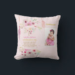 Granddaughters Poem PHOTO Birthday Pink Flowers Cushion<br><div class="desc">Pretty watercolor flowers and feathers adorn this pretty pink and white striped decorative keepsake gift for girls. There is a photo template field to add a photo and four template text fields all of which can be edited to suit any occasion, including 1st Birthday, Baptism, Christening, New Baby, Holy Communion,...</div>