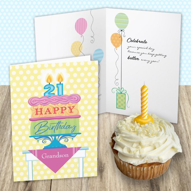Granddson 21st Birthday Cake Number Candles  Card (Creator Uploaded)