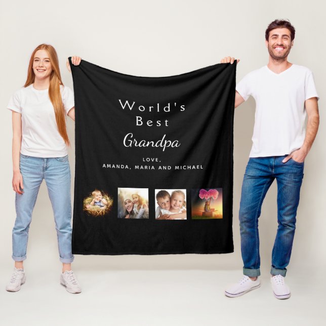 Grandfather black family photo collage fleece blanket (In Situ)