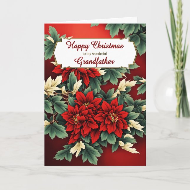Grandfather Christmas Poinsettias Holiday Card (Front)