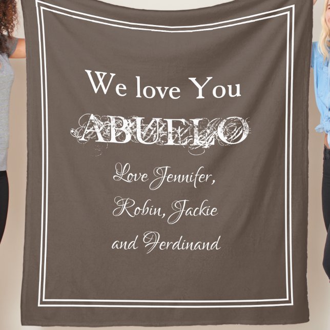 Grandfather Custom Grandkids Names Love You ABUELO Fleece Blanket ("We Love You ABUELO' - personalized light brown fleece blanket.)