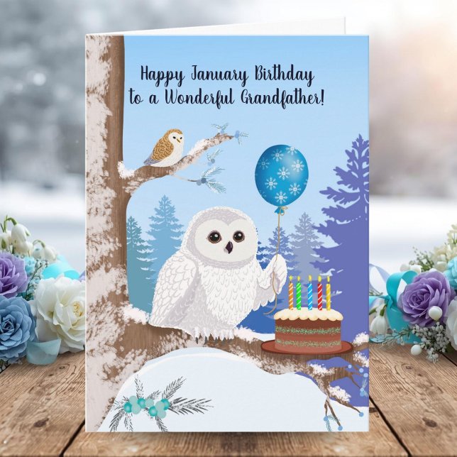 Grandfather Happy January Birthday Snowy Owl Card (Creator Uploaded)