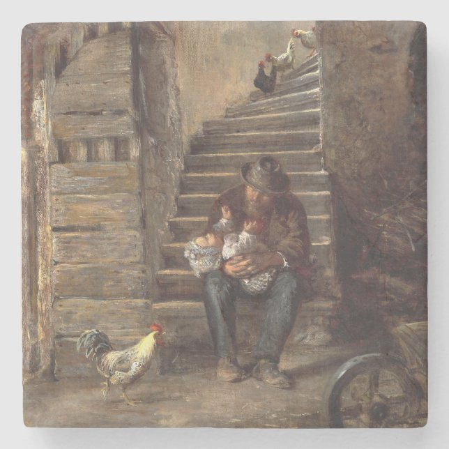 Grandfather Looking After His Grandson Stone Coaster (Front)