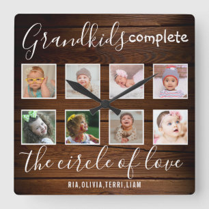 Grandkids Love Quote 8 Photo Collage Rustic Wood Square Wall Clock