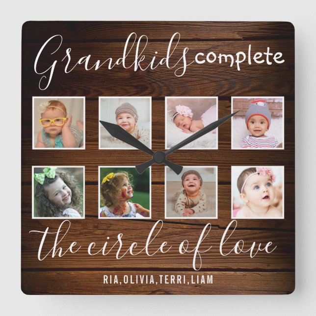 Grandkids Love Quote 8 Photo Collage Rustic Wood Square Wall Clock (Front)