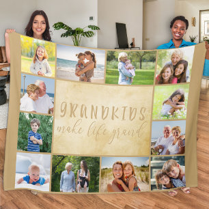 Grandkids Make Life Grand 12 Photo Collage Neutral Fleece Blanket