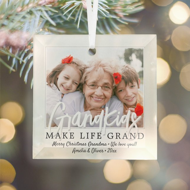 Grandkids Make Life Grand 1 Photo Grandparents Glass Tree Decoration (Creator Uploaded)