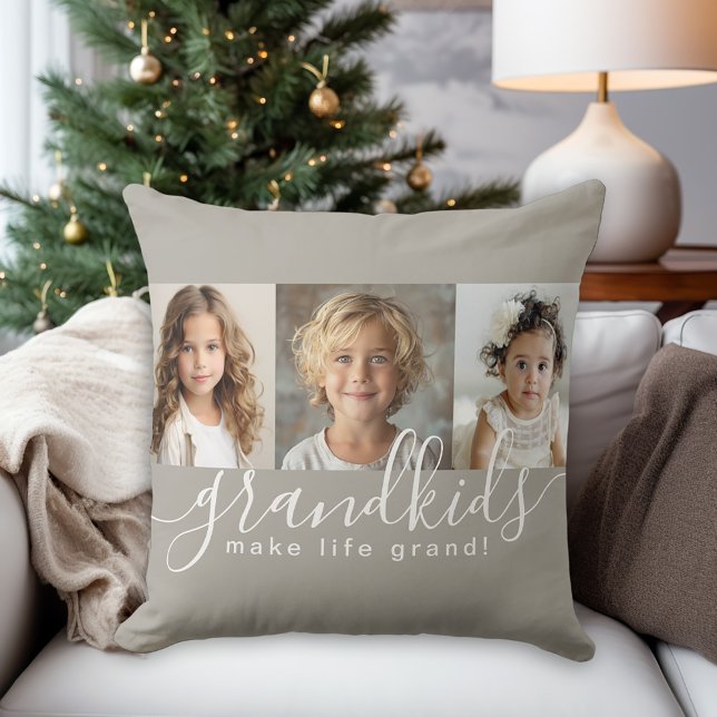 Grandkids Make Life Grand 3 Photo Collage Cushion (A great Christmas gift for grandparents!)
