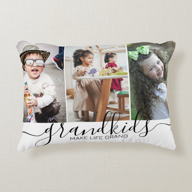 Grandkids Make Life Grand | 3 Photo Collage Decorative Cushion (Front)