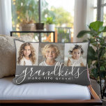 Grandkids Make Life Grand 3 Photo Collage Grey Lumbar Cushion<br><div class="desc">A thoughtful gift for grandparents, this lumbar pillow design features a 3-photo template to personalise with photos of the grandchildren. A combination of modern handwritten script combined with a modern sans serif font spell out "grandkids make life grand!" The background is a trendy grey that has a cosy vibe. Create...</div>