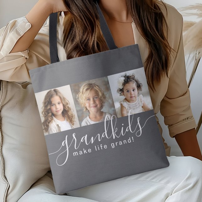 Grandkids Make Life Grand 3 Photo Collage Grey Tote Bag (Personalize with 3 photos of the grandkids for a great gift for grandparents!)