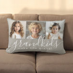 Grandkids Make Life Grand 3 Photo Collage Lumbar Cushion<br><div class="desc">A thoughtful gift for grandparents, this lumbar pillow design features a 3-photo template to personalise with photos of the grandchildren. A combination of modern handwritten script combined with a modern sans serif font spell out "grandkids make life grand!" The background is a neutral taupe beige that has a cosy vibe....</div>