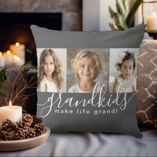 Grandkids Make Life Grand 3 Photo Collage on Grey Cushion