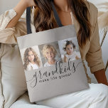 Grandkids Make Life Grand 3 Photo Collage Tote Bag<br><div class="desc">A thoughtful gift for grandparents, this personalised tote bag design features a 3-photo template to personalise with photos of the grandchildren. A combination of modern handwritten script combined with a modern sans serif font spell out "grandkids make life grand!" The background is a neutral taupe beige that has a cosy...</div>