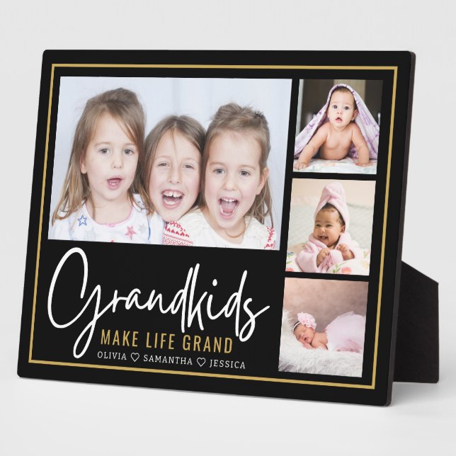 Grandkids Make Life Grand 4 Photo Black And Gold  Plaque (Side)