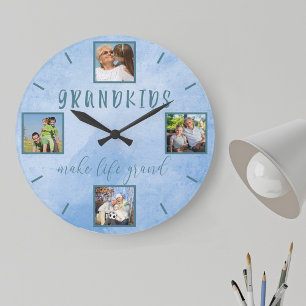 Grandkids make life Grand 4 Photo Blue Round Large Clock