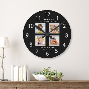 Grandkids Make Life Grand 4 Photo Collage Black Round Clock