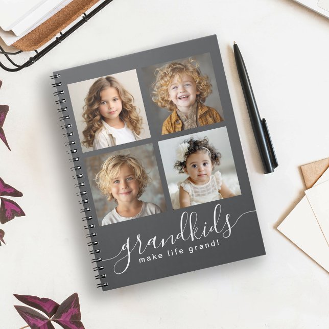 Grandkids Make Life Grand 4 Photo Collage Grey Notebook (A great way to keep notes and info about the grandkids!)