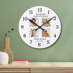 Grandkids Make Life Grand 4 Photo Collage White Round Clock