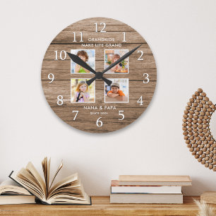 Grandkids Make Life Grand 4 Photo Collage Wood Round Clock