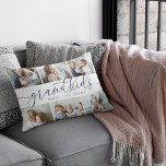 Grandkids Make Life Grand | 6 Photo Collage Decorative Cushion<br><div class="desc">Create a sweet gift for a beloved grandma or grandpa with this beautiful photo collage accent pillow. "Grandkids make life grand" appears in the center in navy blue and gray calligraphy script lettering. Customize with six photos of their grandchildren. Back features wide light neutral grey and white stripes.</div>