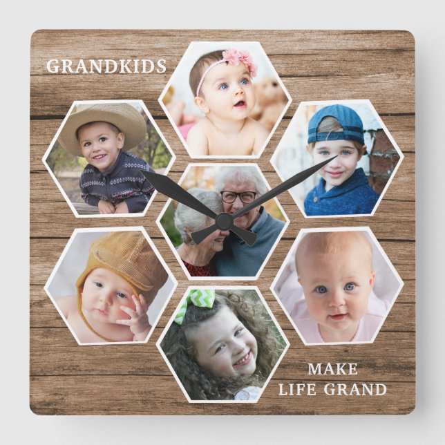 Grandkids Make Life Grand 7 Photo Collage Wood Square Wall Clock (Front)