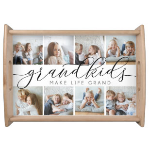 Grandkids Make Life Grand   8 Photo Collage Large Serving Tray