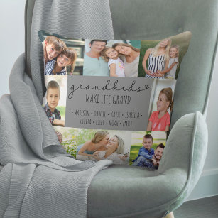 Grandkids Make Life Grand 8 Photo Grey Custom Cushion