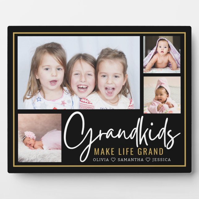 Grandkids Make Life Grand Black And Gold 4 Photo  Plaque (Front)
