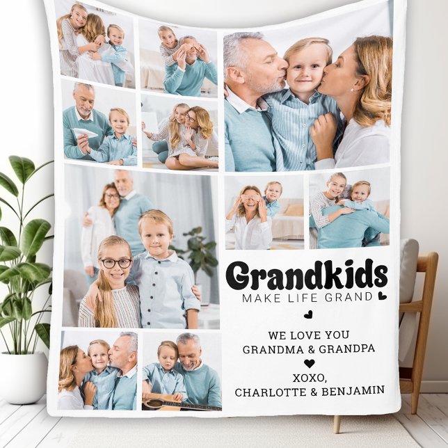 Grandkids Make Life Grand Custom 10 Photo Collage Fleece Blanket (Creator Uploaded)